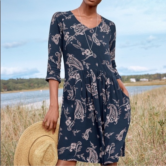 Garnet Hill Bohemian Dress with Pockets 3/4 Sleeves Navy & Paisley Print Sz 10 - Picture 1 of 11